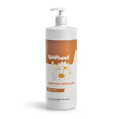 Garrafa branca de óleo pós-depilação com válvula e rótulo castanho e branco