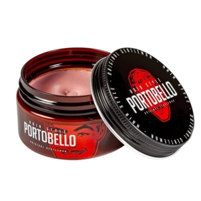 Caixa vermelha com tampa preta de cosmético para cabelo PORTOBELLO aberta.