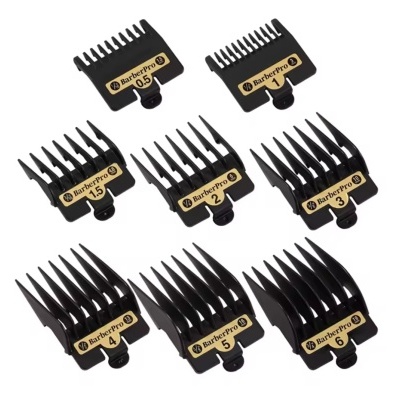 Conjunto de pentes de corte BarberPro em plástico preto com etiquetas amarelas e números