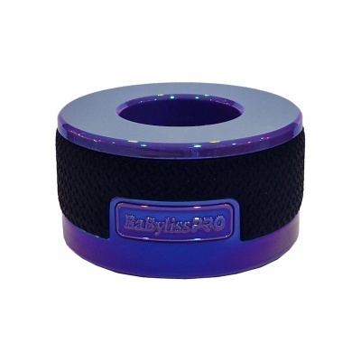 Suporte roxo metálico para secador com faixa preta e etiqueta BaBylissPRO