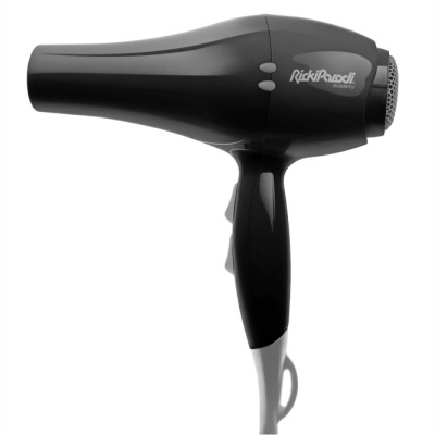 Secador de cabelo preto com detalhes cinza e texto 'Ricky Russel'