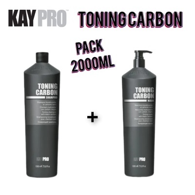 Champô e máscara Kay Pro Toning Carbon em embalagens pretas de 1000ml cada.