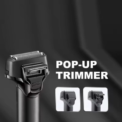 Aparador de barba preto com lâmina pop-up e texto POP-UP TRIMMER