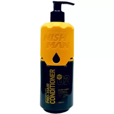 Frasco de condicionador NISH MAN preto e amarelo com tampa de bomba