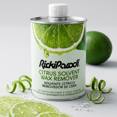 Frasco metálico do removedor de cera cítrico Rickiparodi com limas e gotas de água em fundo branco.
