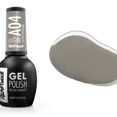 Verniz gel UV/LED RickiParodi A04 Silver Blizzard com amostra da cor prateada