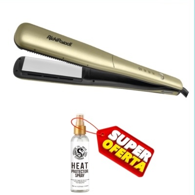 Prancha alisadora dourada RickiParodi com spray protector de calor e etiqueta de oferta