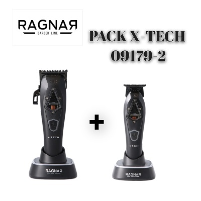 Dois cortadores de cabelo elétricos pretos X-TECH e S-TECH na vertical sobre bases pretas RAGNAR BARBER LINE