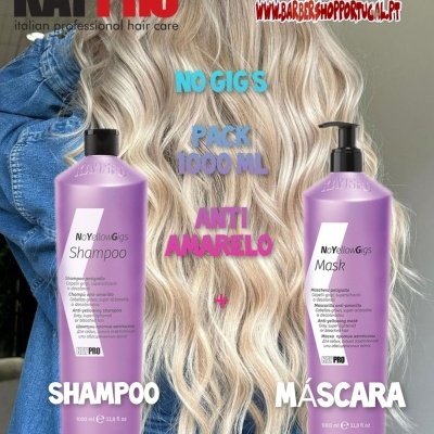 Produtos KayPro No Yellow Gigs champô e máscara lilás em fundo de cabelo loiro ondulado