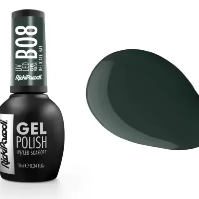 Esmalte de verniz gel preto e verde escuro com texto branco B08 UV SOAK OFF GEL POLISH
