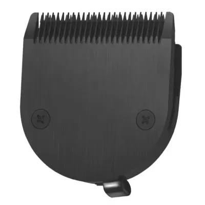 Cabeça de máquina de cortar cabelo preta com dentes e duas presilhas, acabamento escovado.