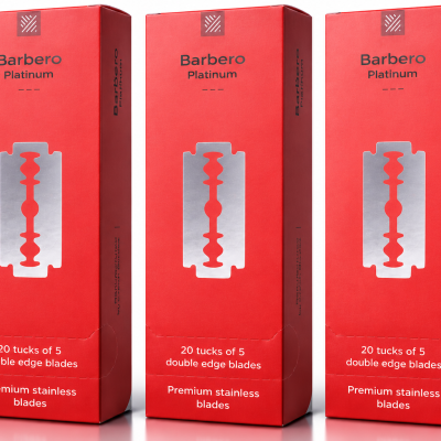 Três caixas vermelhas de lâminas de barbear Barbero Platinum