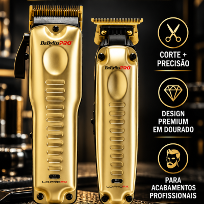 Máquinas de cortar cabelo douradas BaByliss PRO LO-PRO FX GOLD com texto promocional em português e fundo preto