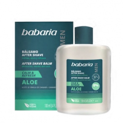 Bálsamo After Shave Babaria Men com embalagem branca e azul, e caixa azul e verde