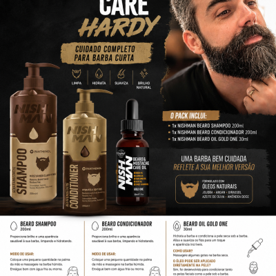 Pack de cuidados para barba Nishman Hardy com shampoo, condicionador e óleo em embalagens douradas e castanhas, texto com instruções e foto de homem com barba densa