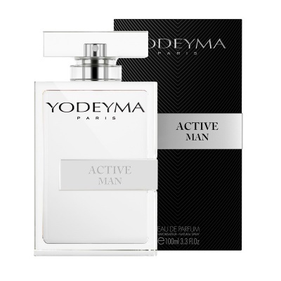 Frasco de perfume Yodeyma Active Man com embalagem preta e branca