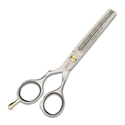Tesoura de corte de cabelo profissional prateada com lâmina serrilhada e texto RELAX STEEL 40