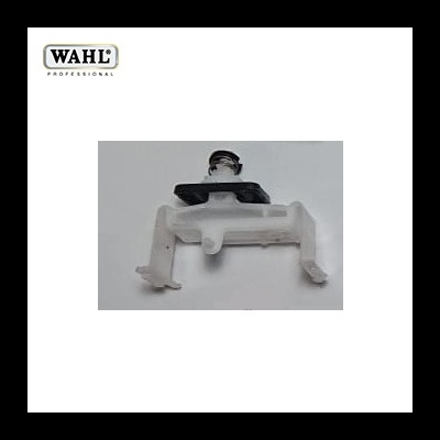 Suporte ou peça plástica branca com metal e borracha pretos, acessório, fundo branco