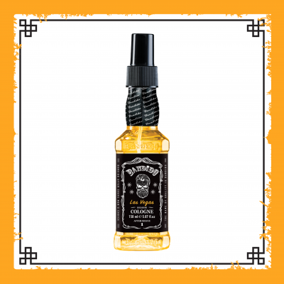 Frasco de colónia Los Vegas com rótulo preto e tampa spray