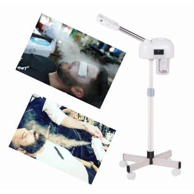 Vaporizador facial branco com base móvel e imagens de homens a receber vapor facial