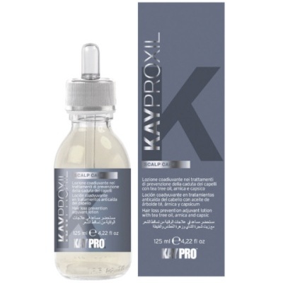 Frasco com conta-gotas e caixa cinzenta do produto capilar KAYPROXIL