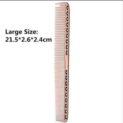 Pente rosa claro com furos pretos e texto de tamanho