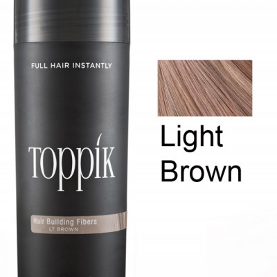 Frasco preto do produto Toppik Hair Building Fibers cor Light Brown com imagem da cor do produto