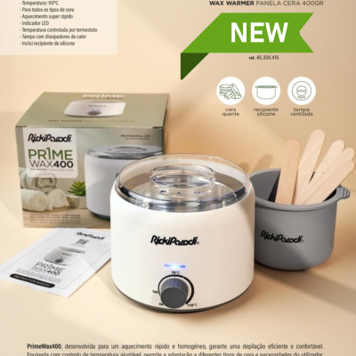 Aquecedor de cera PR1ME WAX400 branco com recipiente cinzento e espátulas de madeira