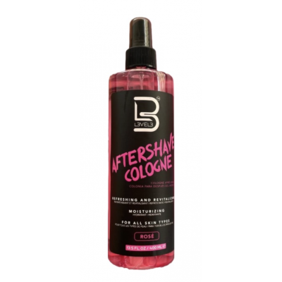 Frasco de aftershave cologne rosa com tampa spray e etiqueta preta