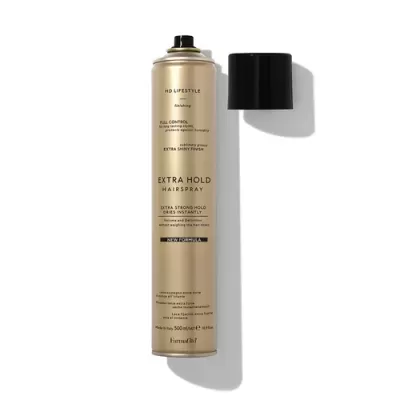 Spray de cabelo bege com texto preto e tampa preta removida