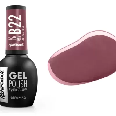 Frasco de verniz de gel para unhas preto com tampa cor de rosa antigo e amostra da cor