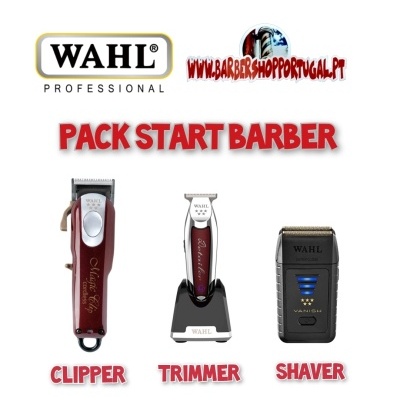 Pack Start Barber Wahl com clipper vermelho escuro, trimmer com base e shaver preto sobre fundo branco