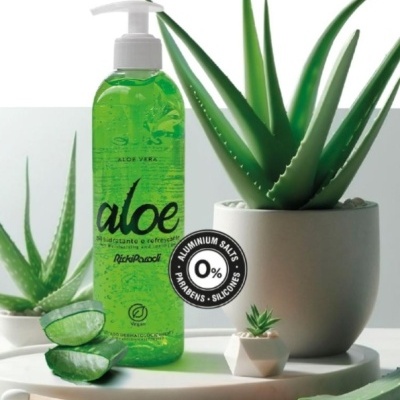Frasco verde de gel hidratante de aloe vera com plantas de aloe vera em vasos brancos numa mesa branca