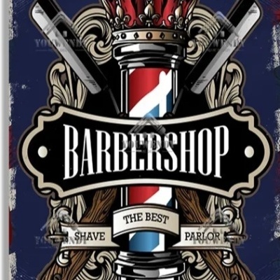Placa decorativa de barbearia com poste de barbear e navalhas cruzadas