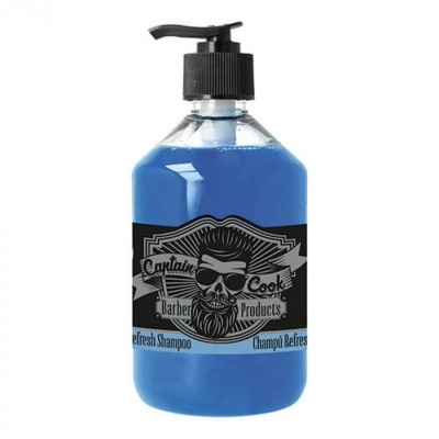 Frasco de shampoo azul com tampa de bomba e rótulo preto com caveira e texto