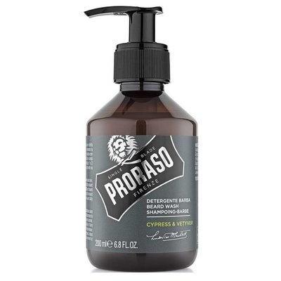 Frasco castanho com doseador preto de Proraso Beard Wash Cipreste e Vetiver