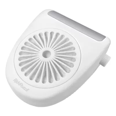 Ventoinha portátil branca com grelha circular e botão lateral