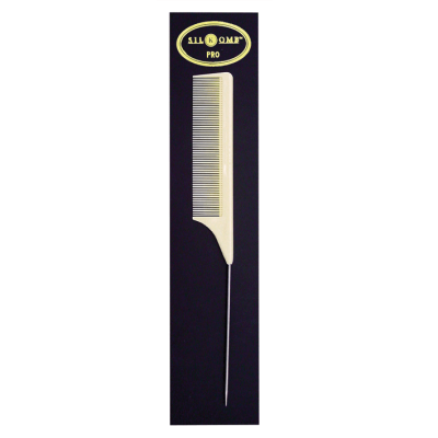 Pente branco com cabo metálico fino sobre fundo negro