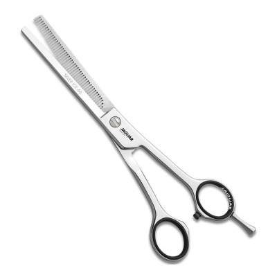 Tesoura de desbaste para cabelo em metal prateado e detalhes pretos