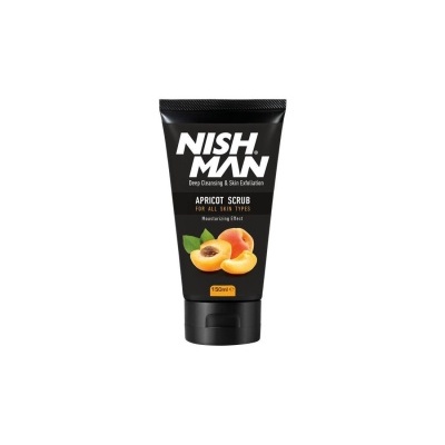 Esfoliante facial NISH MAN em tubo preto com imagem de damascos no rótulo