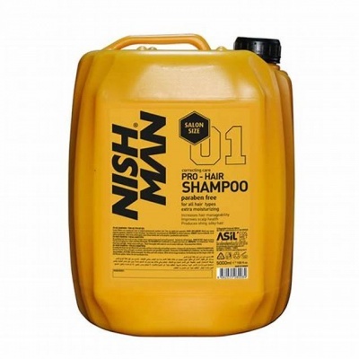 Contentor amarelo de plástico com rótulo de shampoo NISH MAN