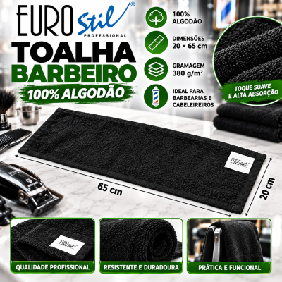 Toalha de barbeiro preta 100% algodão Euro Stil com indicação de medidas e características