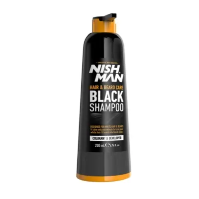 Frasco preto e laranja de shampoo para cabelo e barba em fundo branco