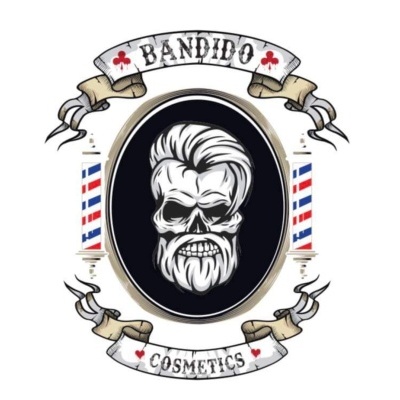 Logótipo de 'BANDIDO COSMETICS' com caveira estilizada e elementos de barbearia