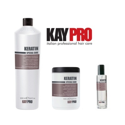 Produtos para cabelo KAY PRO Keratin Special Care em embalagens branca, cinza e transparente