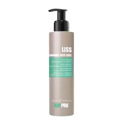 Frasco dispenser cinza claro com tampa preta e etiqueta com texto LISS HAIR CARE e KAY PRO