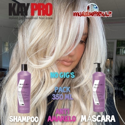 Produtos KayPro shampoo e máscara anti amarelo em frascos roxos frente a cabelo loiro claro