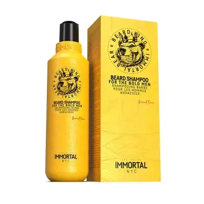 Frasco e caixa amarelos com champô para barba IMMORTAL NYC