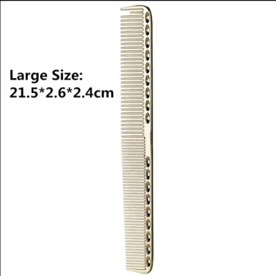 Pente creme com design de olhos e texto de dimensões em fundo branco