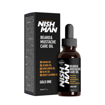 Frasco e caixa de óleo para barba e bigode NISH MAN com fundo transparente